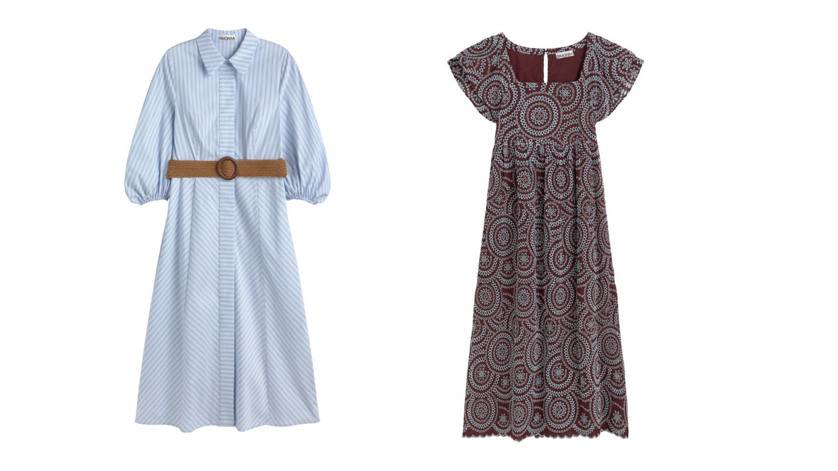 Vestido camisero rayas (izquierda): 128 euros. Vestido bordado contraste: 169 euros. Ambos rebajados.