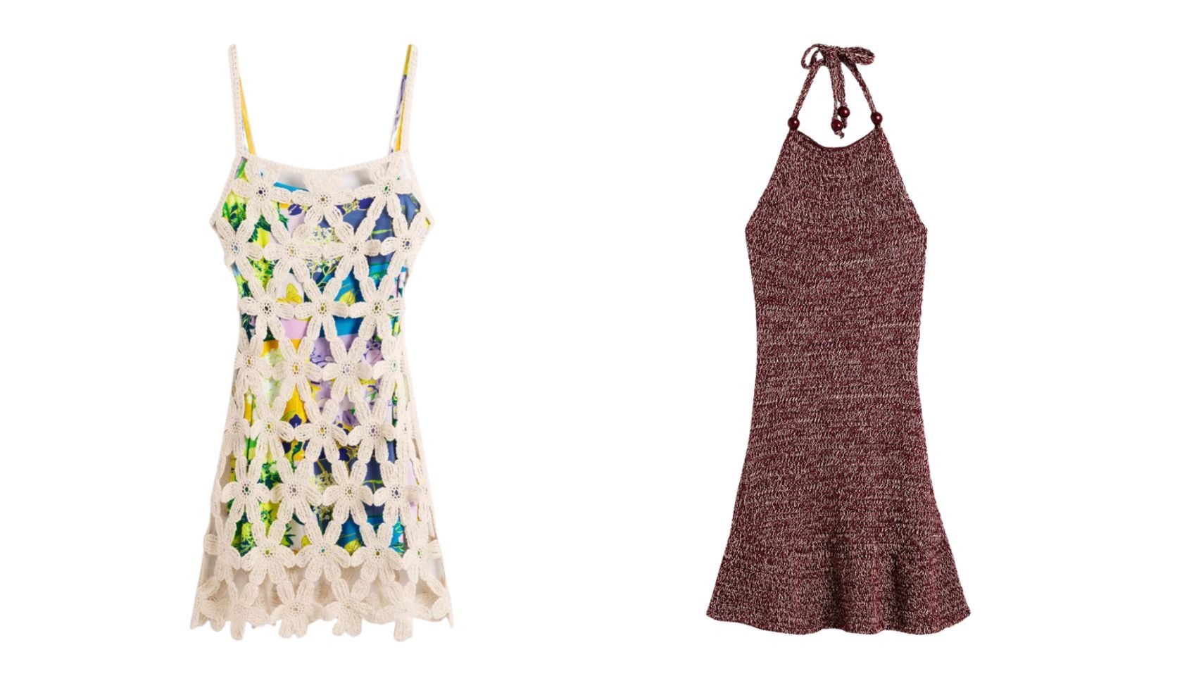 Vestido crochet blanco 2 en 1 (izquierda): 49,97 euros. Vestido punto tirantes: 44,97 euros.