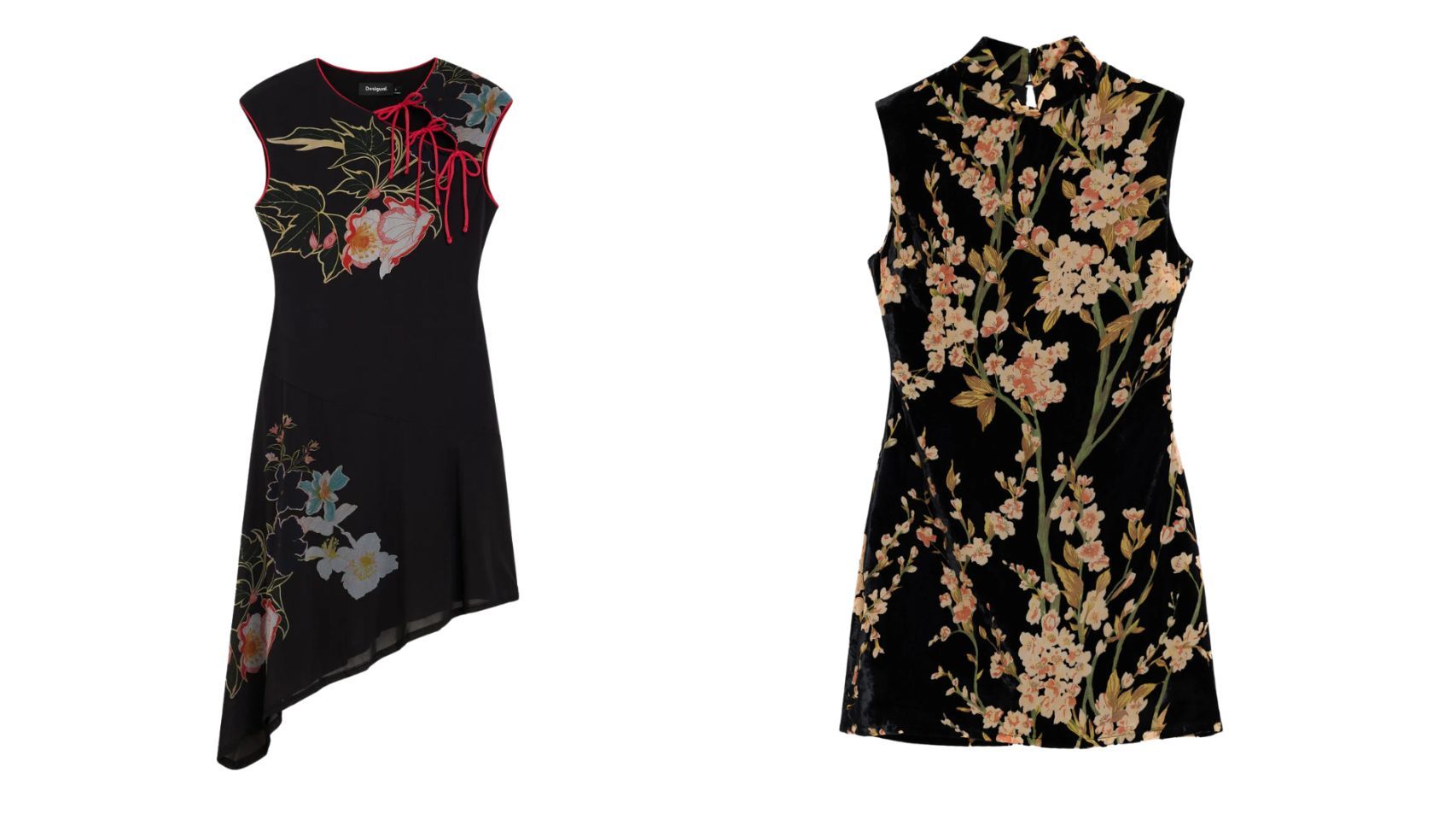 Vestido Asimétrico oriental (izquierda): 99,95 euros. Vestido flores terciopelo: 119 euros.