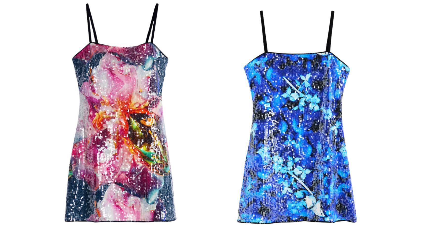 Vestido flor lentejuelas (izquierda): 69,96 euros. Vestido Tirantes Estampado lentejuelas: 99,95 euros.