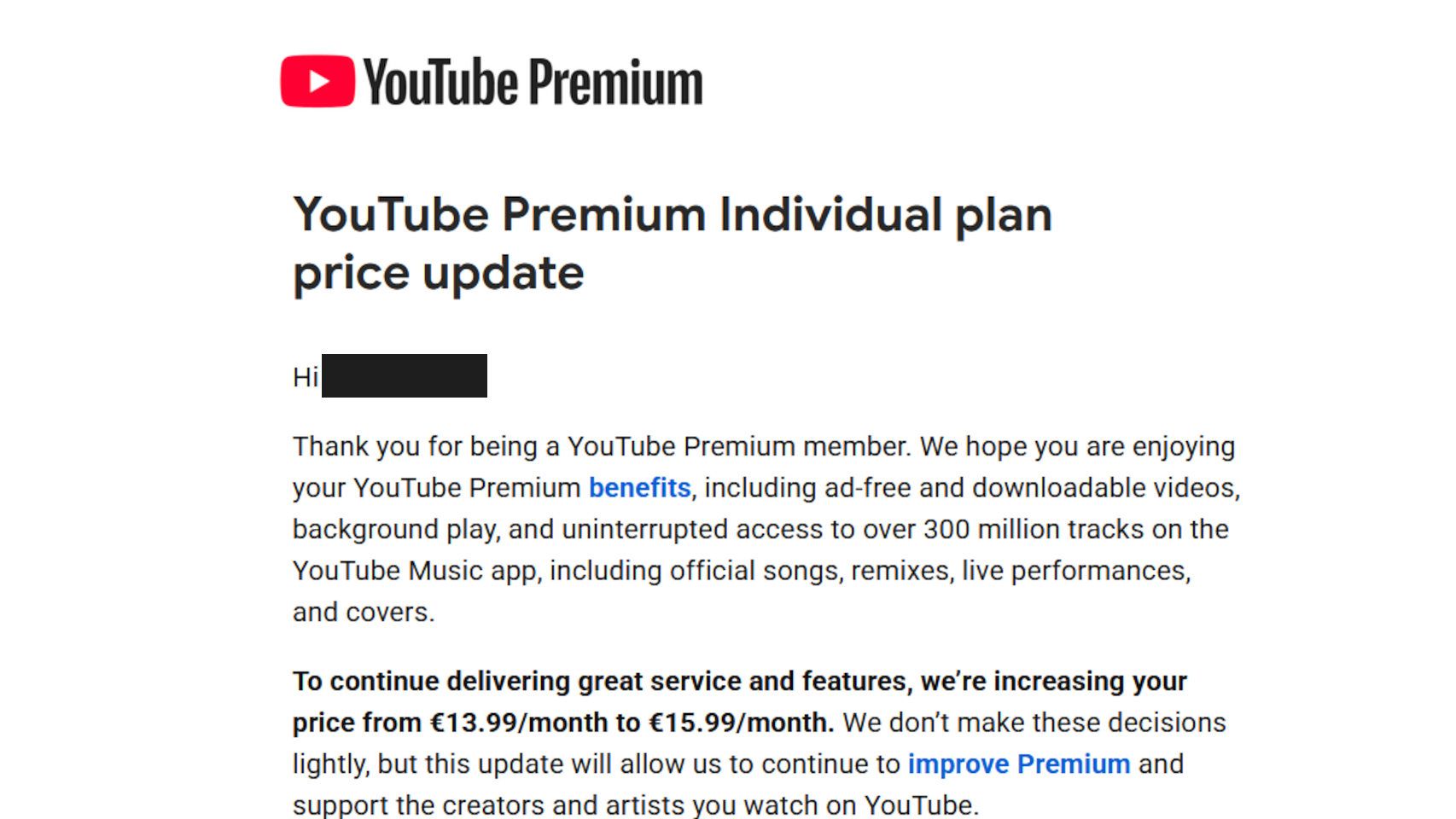 Correo de aviso de YouTube Premium