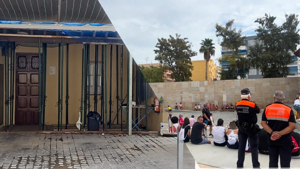 Estado en que se encuentran las instalaciones de Protección Civil de Villajoyosa y una imagen de archivo de los voluntarios.
