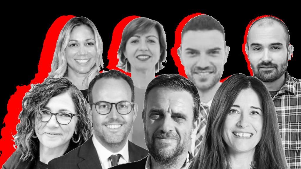 Marta Mingot, Mari Josep Ripoll, Yeray Hernández, Daniel Quiñonero, Trini Amorós, Héctor Díez, Pere Rostoll, y Lorena Zamorano, los nuevos alcaldables del PSOE de Alicante.