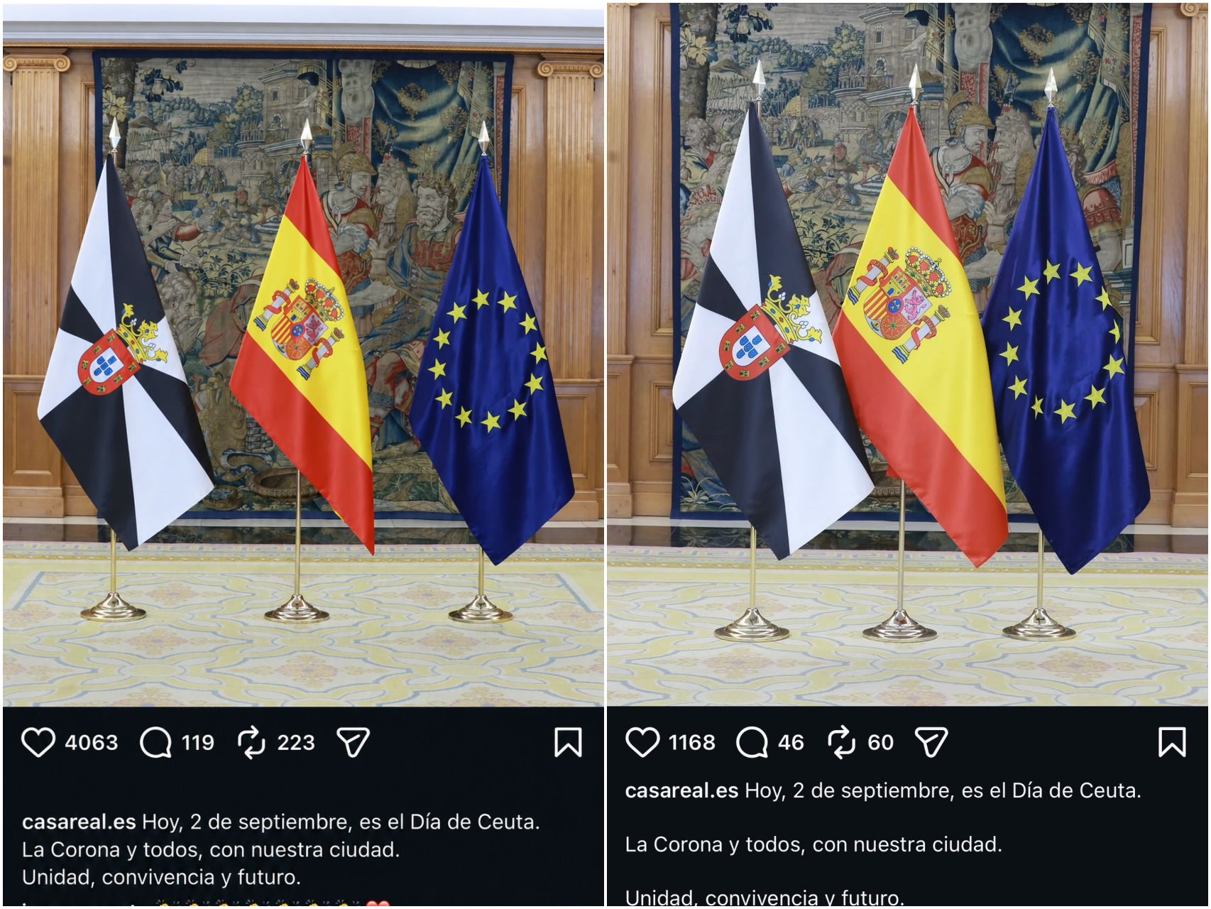 Las dos imágenes que publicó la Casa Real en su cuenta de Instagram con unos minutos de diferencia.
