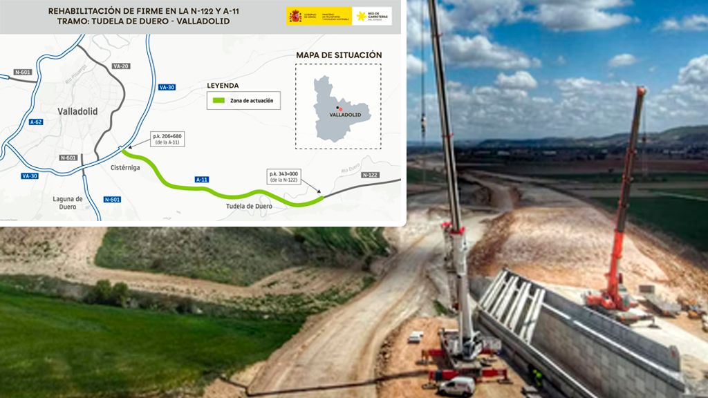 Imagen de la zona afectada y de las obras en la A-11. 