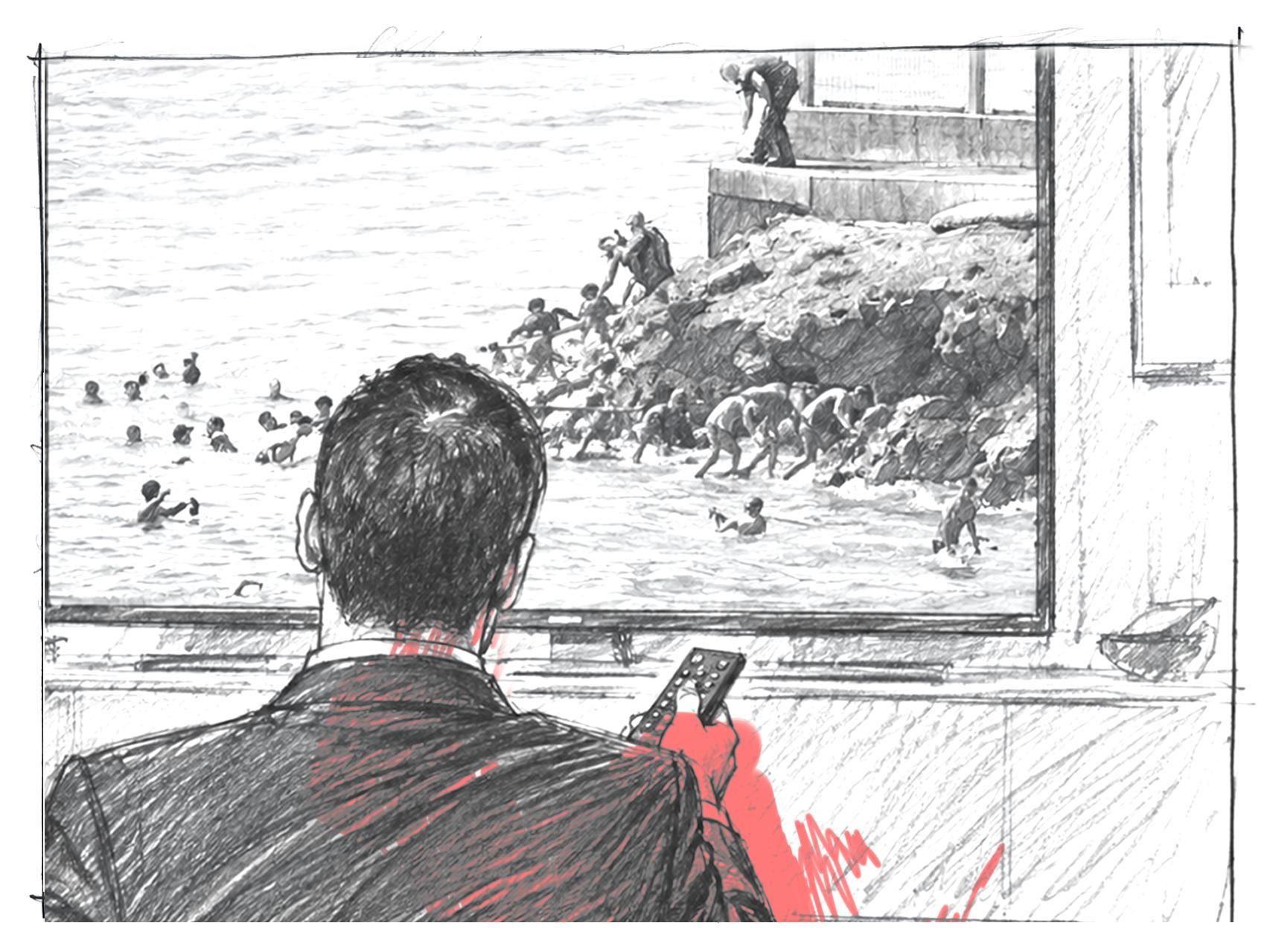 Escena de la serie de Los planetas chocan contra Ceuta, Sánchez el 30 de julio de 2026 viendo la invasión en Ceuta