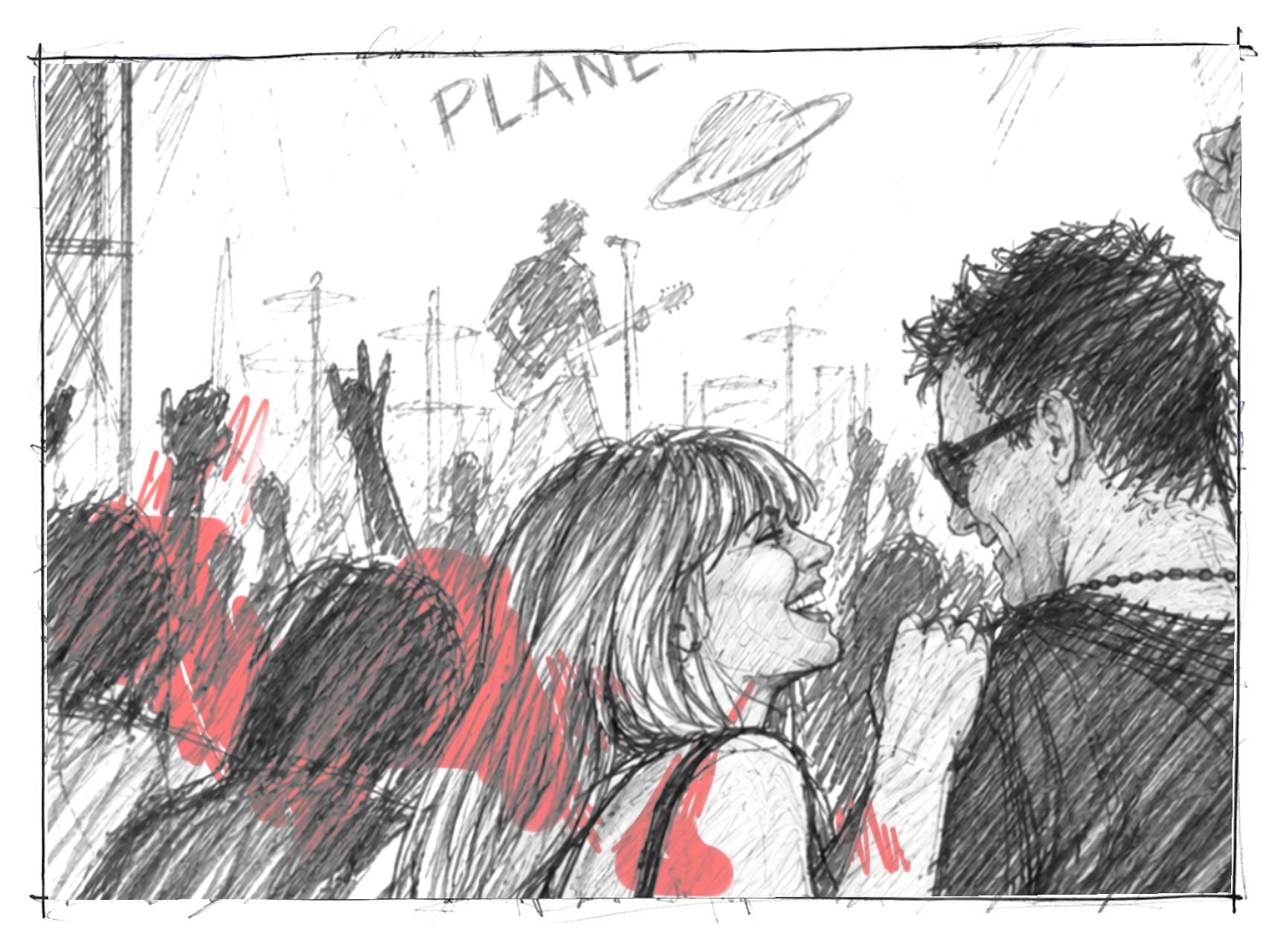 Escena de la serie de Los planetas chocan contra Ceuta, Sánchez y Begoña jovenes viendo un concierto de Los Planetas