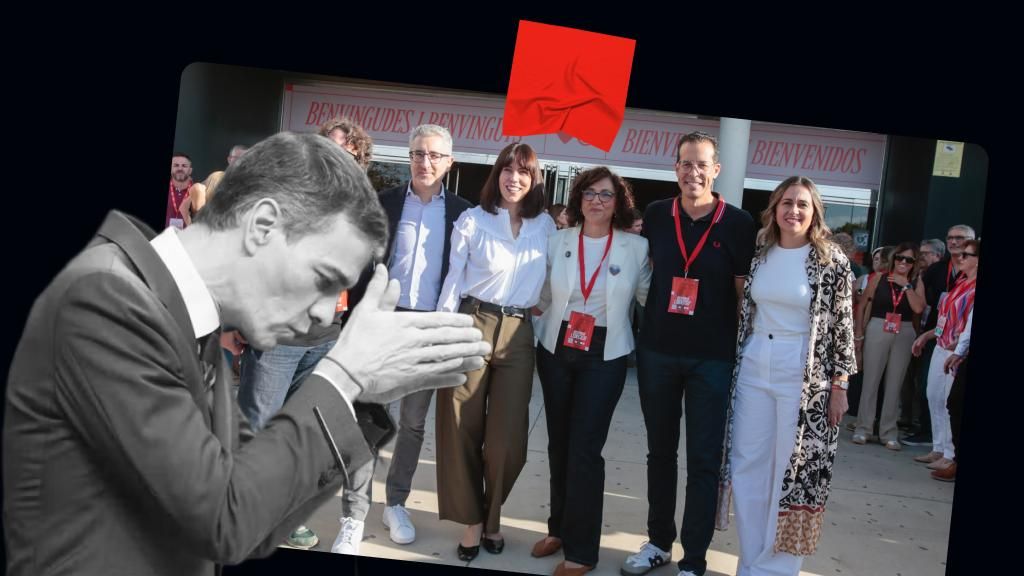 El presidente del Gobierno, Pedro Sánchez, sobre una imagen de la Conferencia Política del PSAPV-PSOE en Alicante.