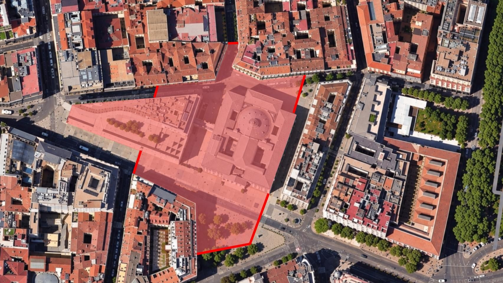 Imagen satelital del Congreso y, en rojo, la nueva zona protegida por la Policía