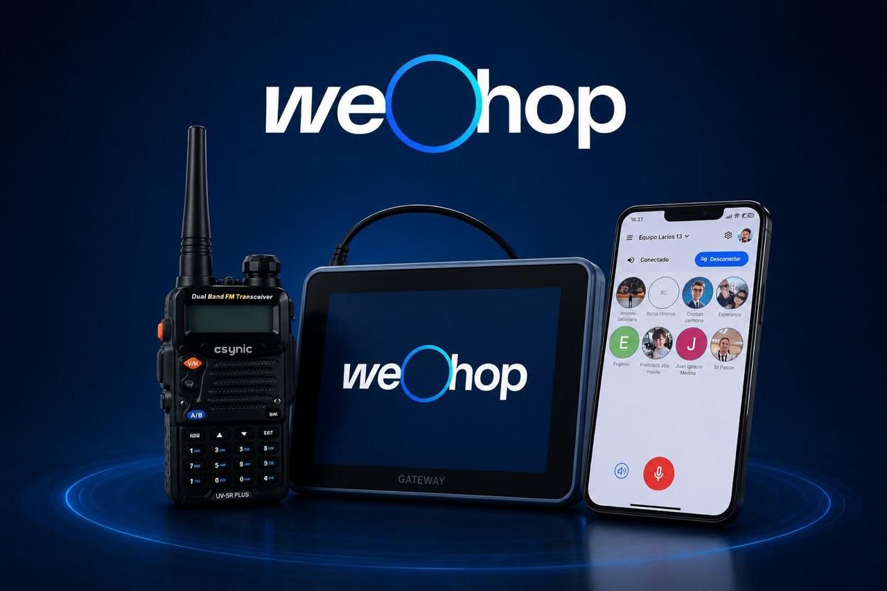 Vista de la aplicación junto a un móvil y un walkie-talkie.