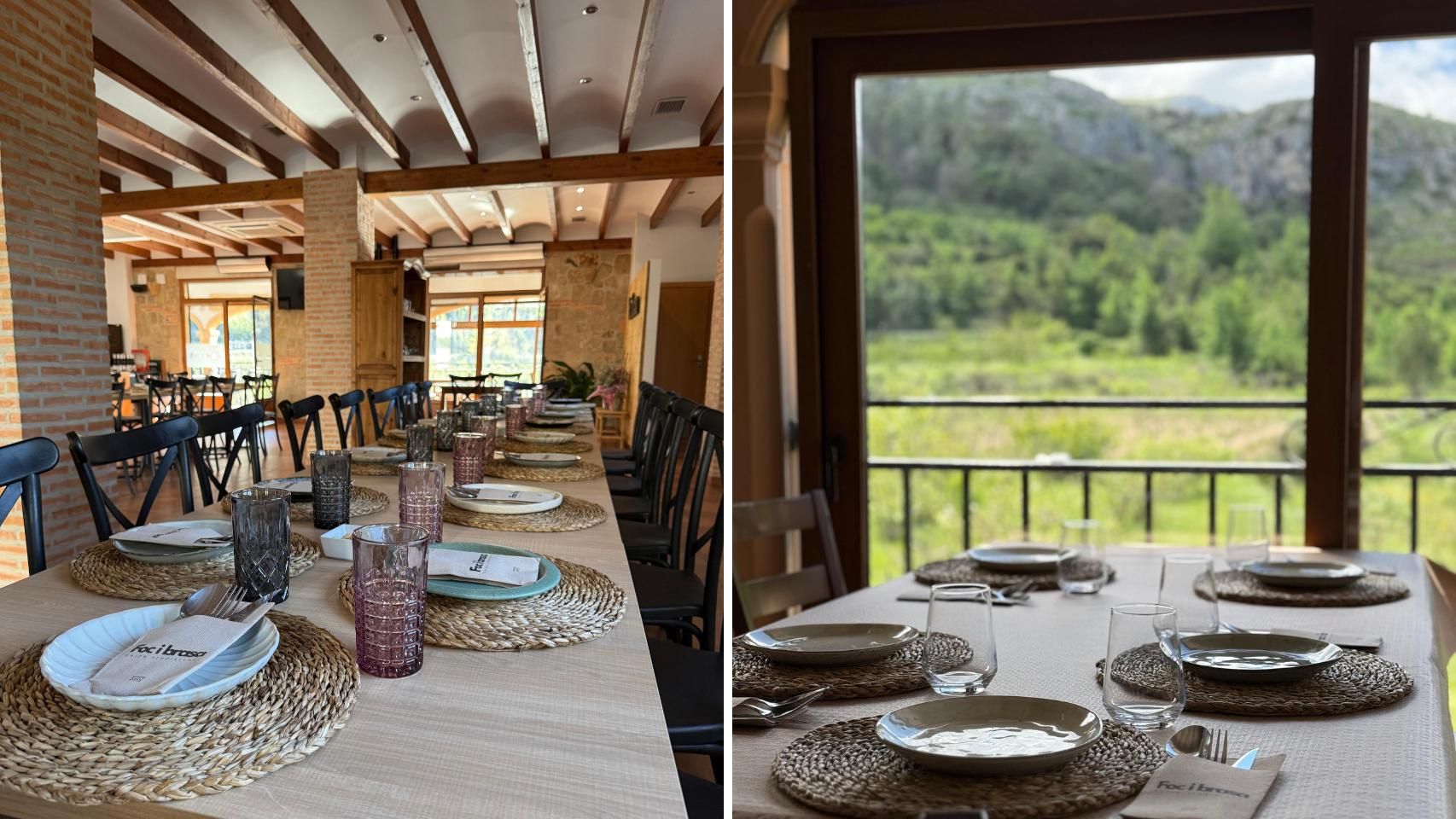 El interior del restaurante y sus vistas a la montaña de la Vall
