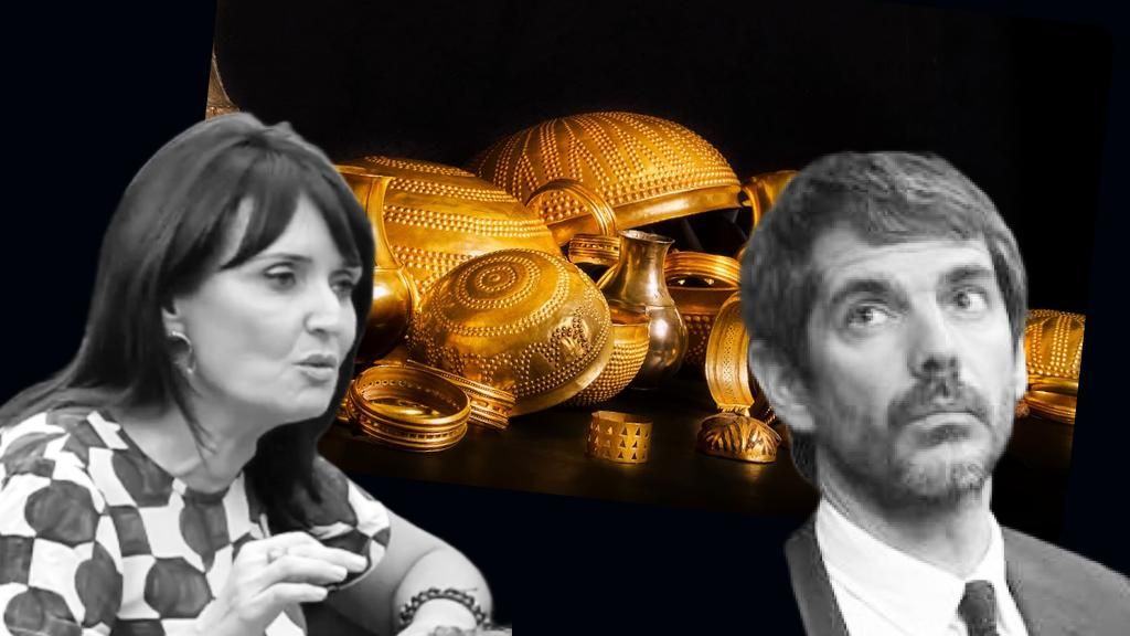 La diputada del PP de Alicante, Julia Parra, y el ministro Urtasun (Sumar), sobre la imagen del Tesoro de Villena, robado el pasado mes de agosto.