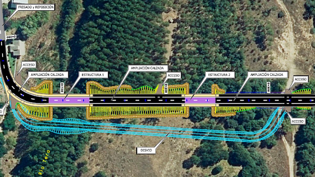 Imagen en plano de los dos nuevos puentes sobre el río Tera. 