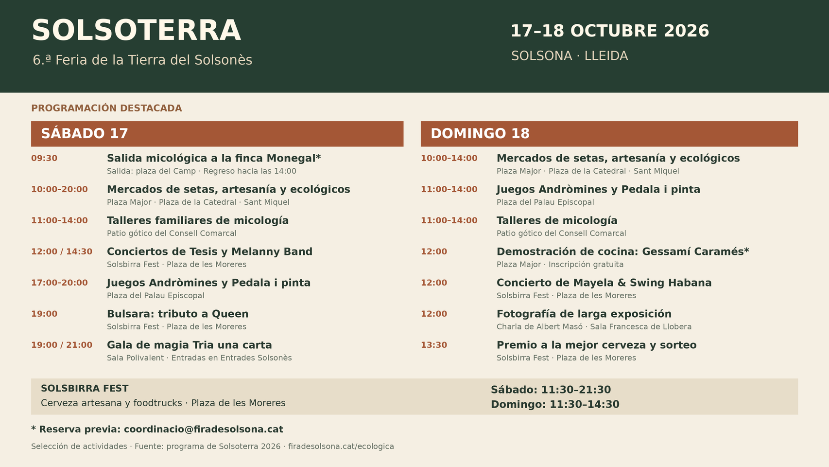 Programación de Solsoterra en Solsona para el 17 y 18 de octubre de 2026..
