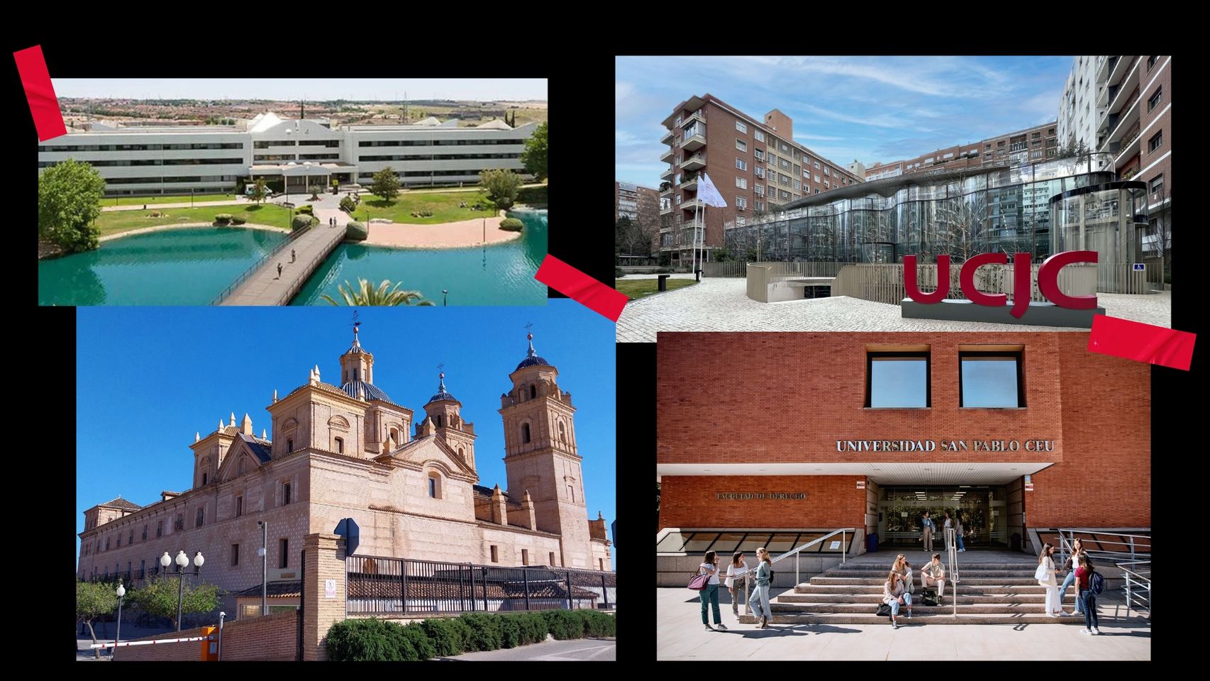 De arriba a abajo y de izquierda derecha, la UEM, la UCJC, la UCAM y el CEU, cuatro universidades privadas con lemas.