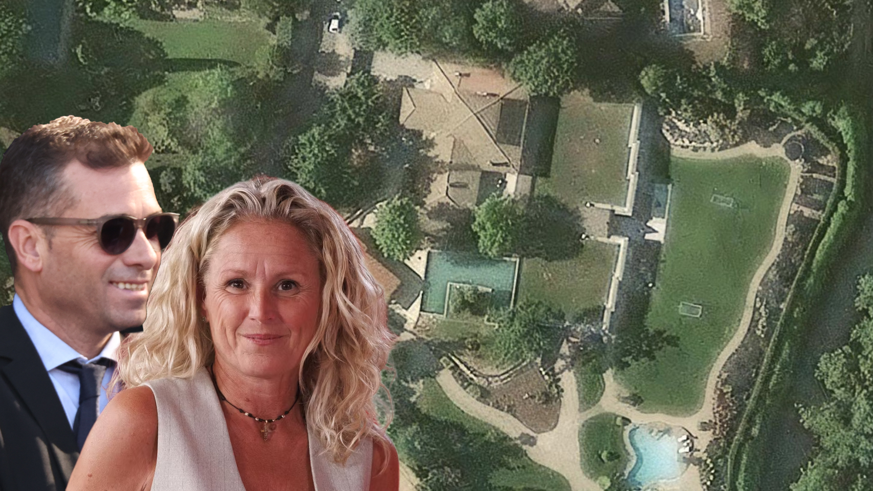 Montse Mínguez y Sergi Vélez, con una vista aérea de la finca en la que viven