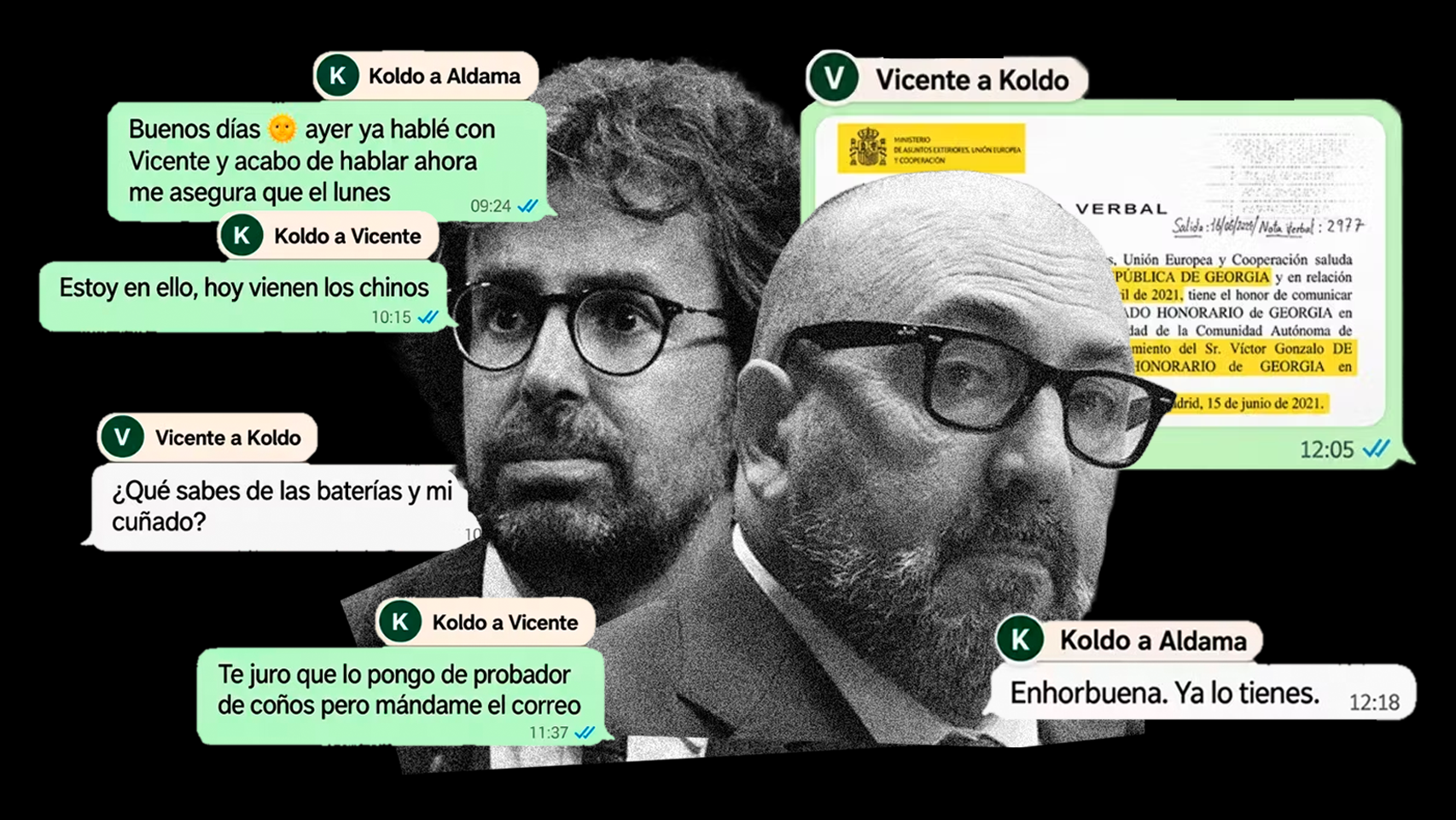 Koldo García y Vicente Montávez, junto a varios de los whatsapps intervenidos en los móviles del exasesor de José Luis Ábalos