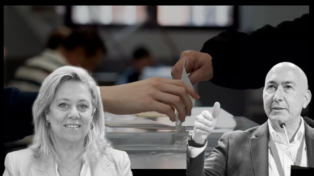 Macarena Montesinos y Alejandro Soler, candidatos de PP y PSOE por la provincia de Alicante en 2023, sobre la imagen de una urna electoral.