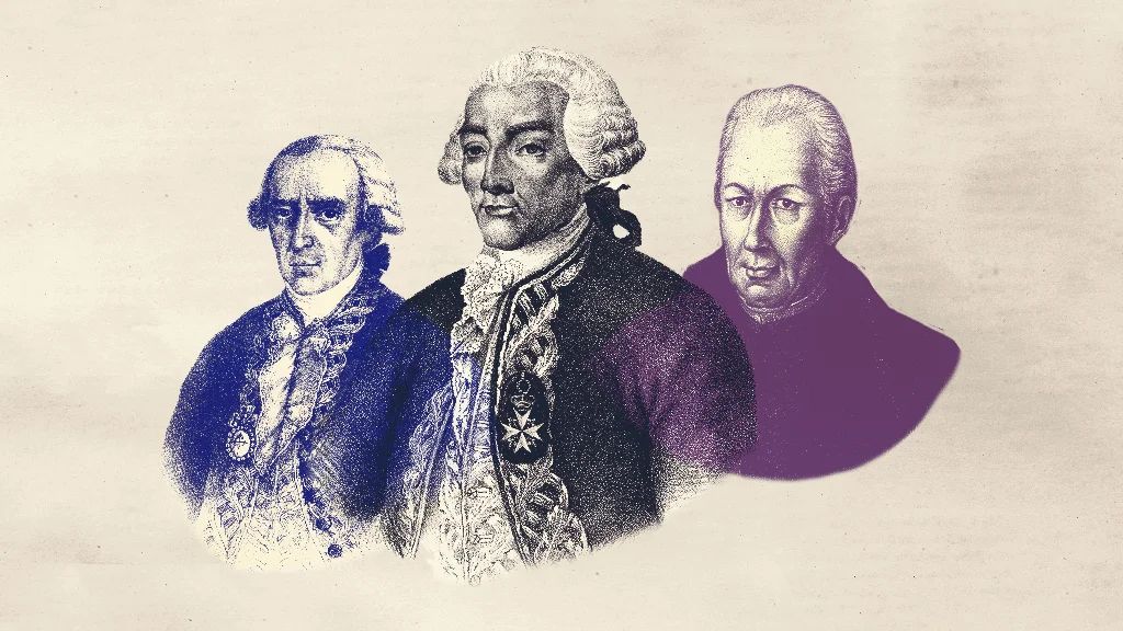 de izquierda a derecha: Juan Antonio de Ulloa, Jorge Juan y José Celestino Mutis.