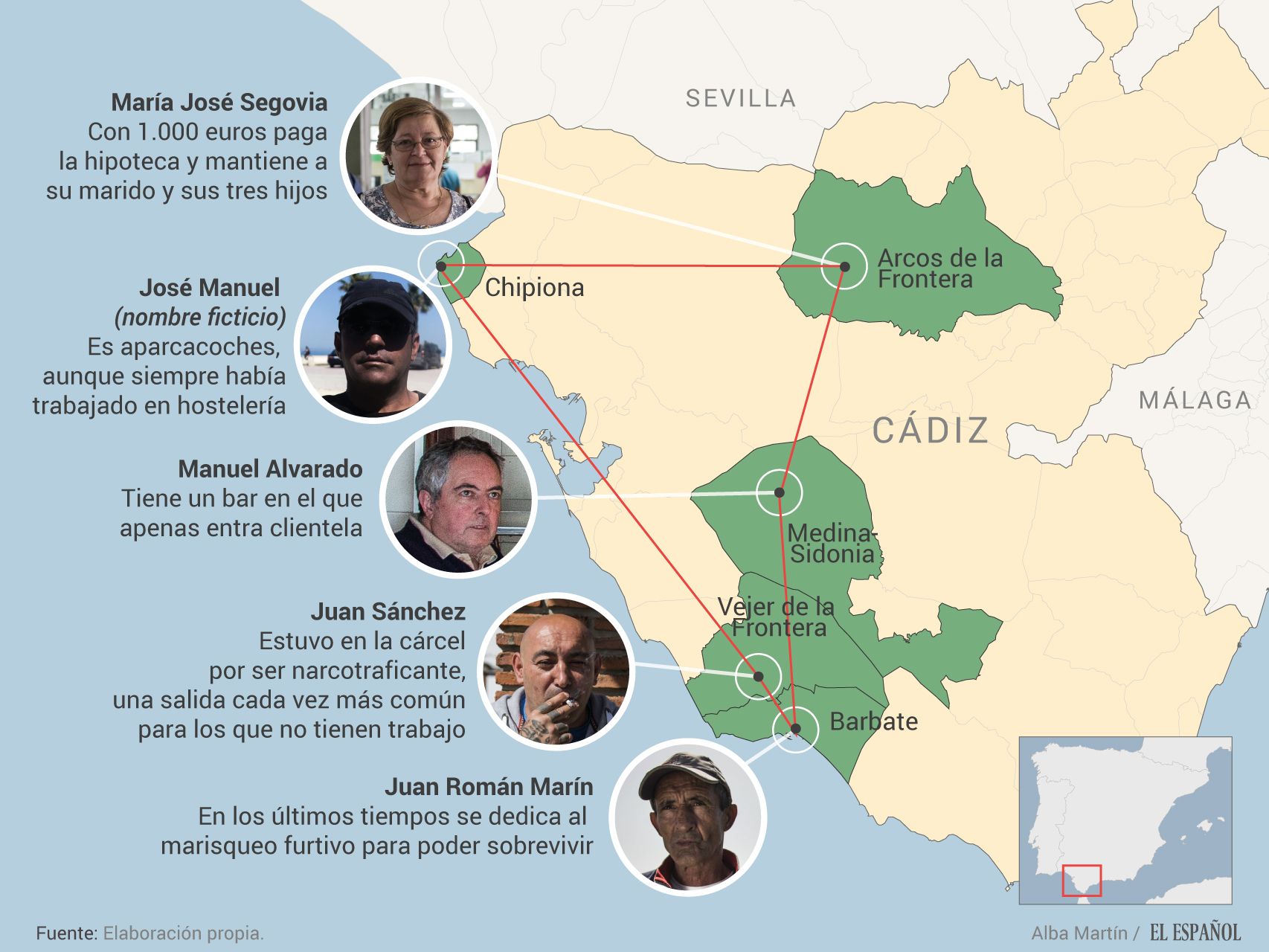 Este es el 'pentágono' del paro en España. Cinco de los pueblos con más desempleo en el país están en Cádiz.