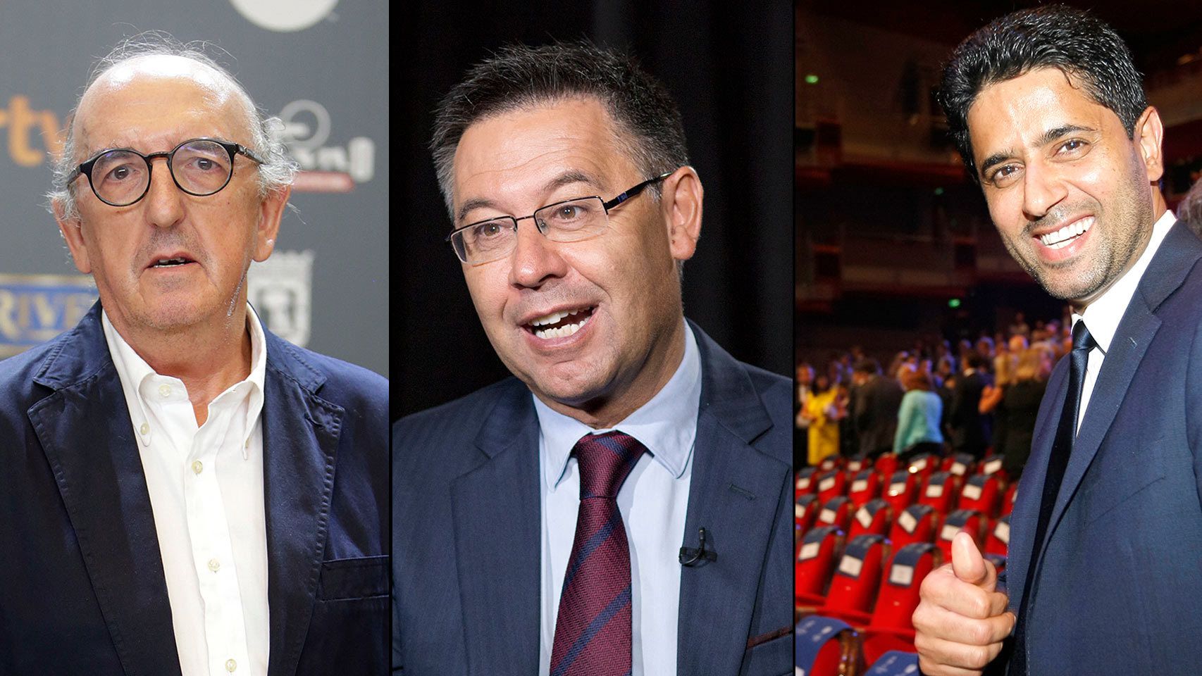 De izquierda a derecha Jaume Roures, Josep Bartomeu y Nasser Al-Khelaifi