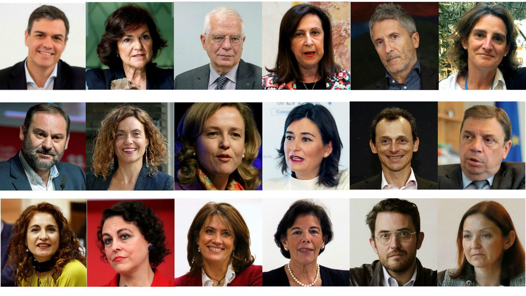 Sánchez, Calvo, Borrell, Robles, Grande-Marlaska, Ribera, Ábalos, Batet, Calviño, Montón, Duque, Planas, Montero, Valerio, Dolores Delgado, Celaá, Huerta y Maroto.