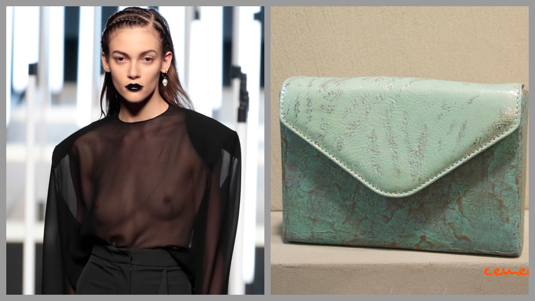 Una modelo de Juan Oliva y un bolso de Lauwood en un montaje.