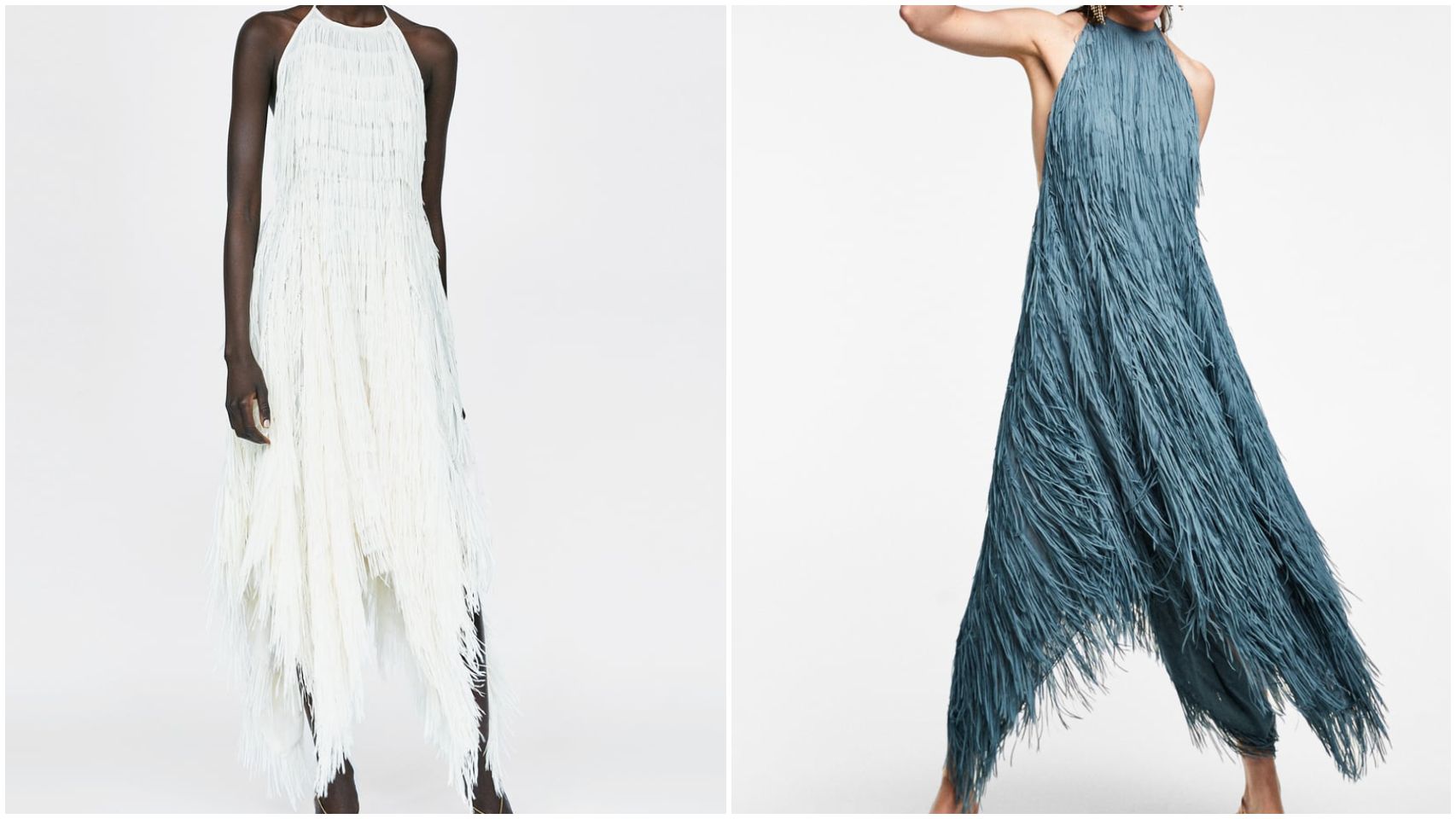 Vestido halter de Zara en color blanco y plomo.