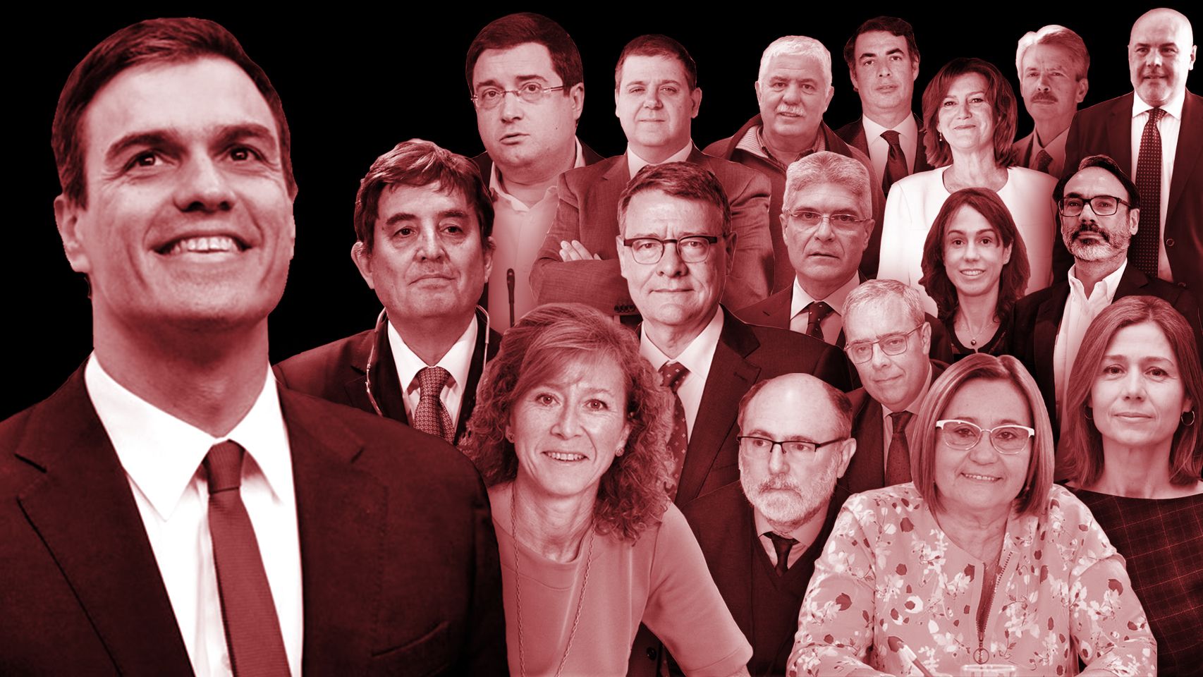 Junto al presidente Sánchez (en primer plano) y de izquierda a derecha y de arriba a abajo: Óscar López (Paradores), Juan Manuel Serrano (Correos), Juan Andrés Tovar (Cetarsa), Vicente Fernández Guerrero (SEPI), Susana Sarriá (Navantia), José Luis Navarro (Enresa), José Vicente Berlanga (Enusa), Luis García Montero (Instituto Cervantes), Jordi Sevilla (Red Eléctrica), Isaías Táboas (Renfe), Isabel Pardo de Vera (Adif),  Fernando Garea (Efe), Margarita Delgado (Banco de España), Jesús Casas (Tragsa), Gregori