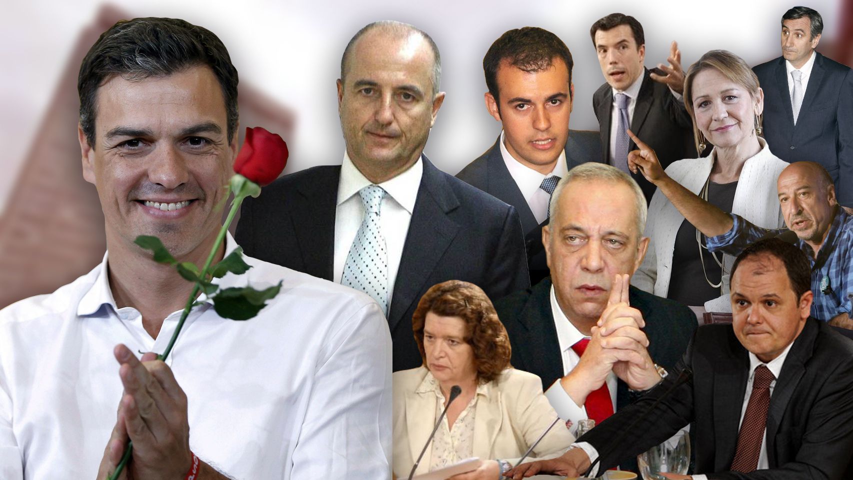 De izquierda a derecha y de arriba a abajo: el presidente del Gobierno, Pedro Sánchez; Miguel Sebastián, exministro de Industria; su mano derecha en el departamento ministerial y coautor del libro de Sánchez, el economista Carlos Ocaña; el exdirector general de la Fundación IDEAS, Carlos Mulas; la exsecretaria de Política Económica del PSOE, Inmaculada Rodríguez-Piñero; el exdirector de la Oficina Económica del Gobierno, Javier Vallés; el economista Germá Bel; otro exdirector de la Oficina Económica de Zapa