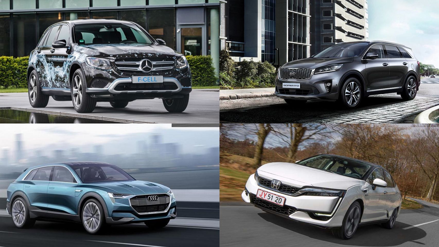 Mercedes GLC F-Cell, Kia Sorento,  Audi H-Tron Quattro y Honda Clarity Fuel Cell