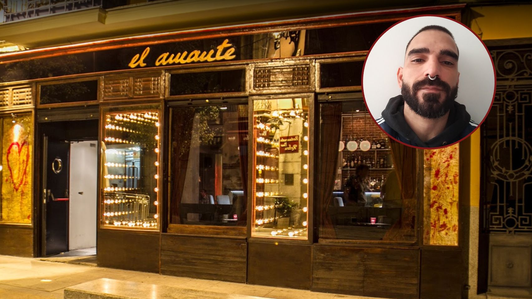 Bar El Amante donde ocurrió la agresión, y una fotografía del chico que lo denunció a través de Google (gyenvy) y Twitter (@kreativakollect).