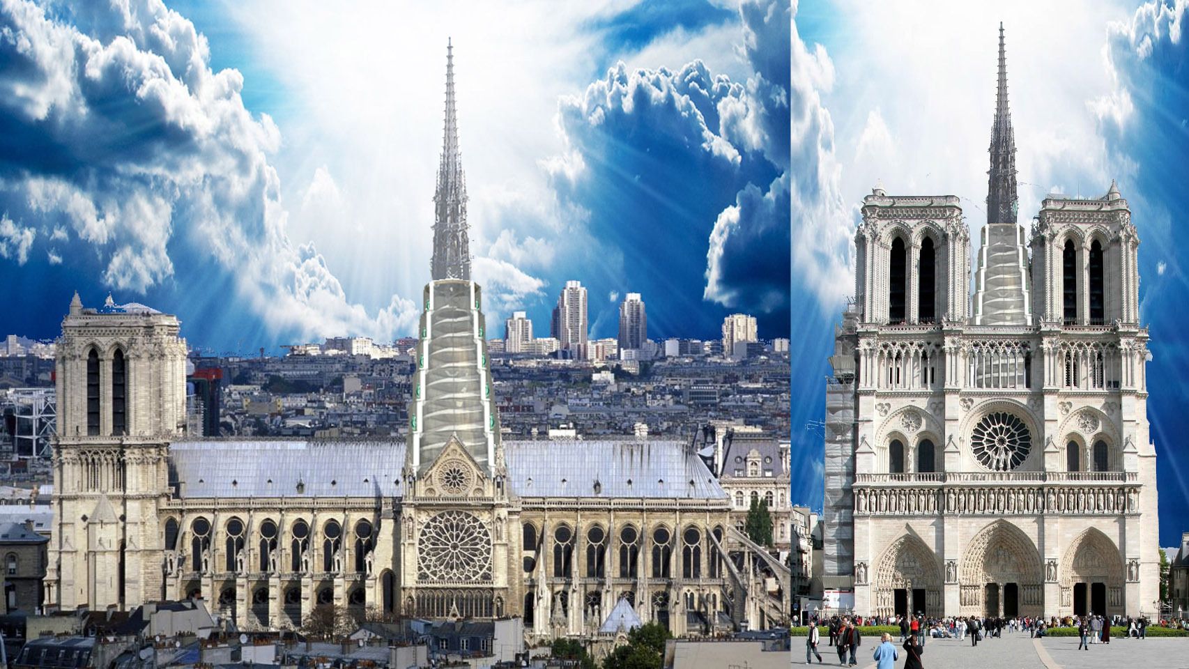 Aspecto de la catedral de Notre Dame reconstruida según el plan del catedrático de Arquitectura español..