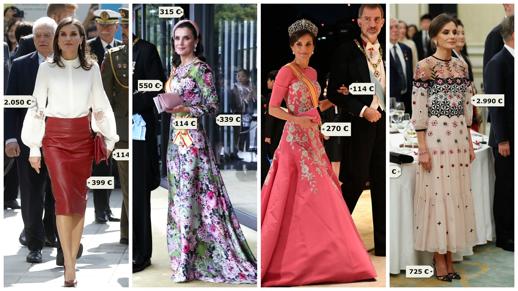 Montaje de JALEOS con algunos de los estilismos de la reina Letizia durante su visita a Asia.