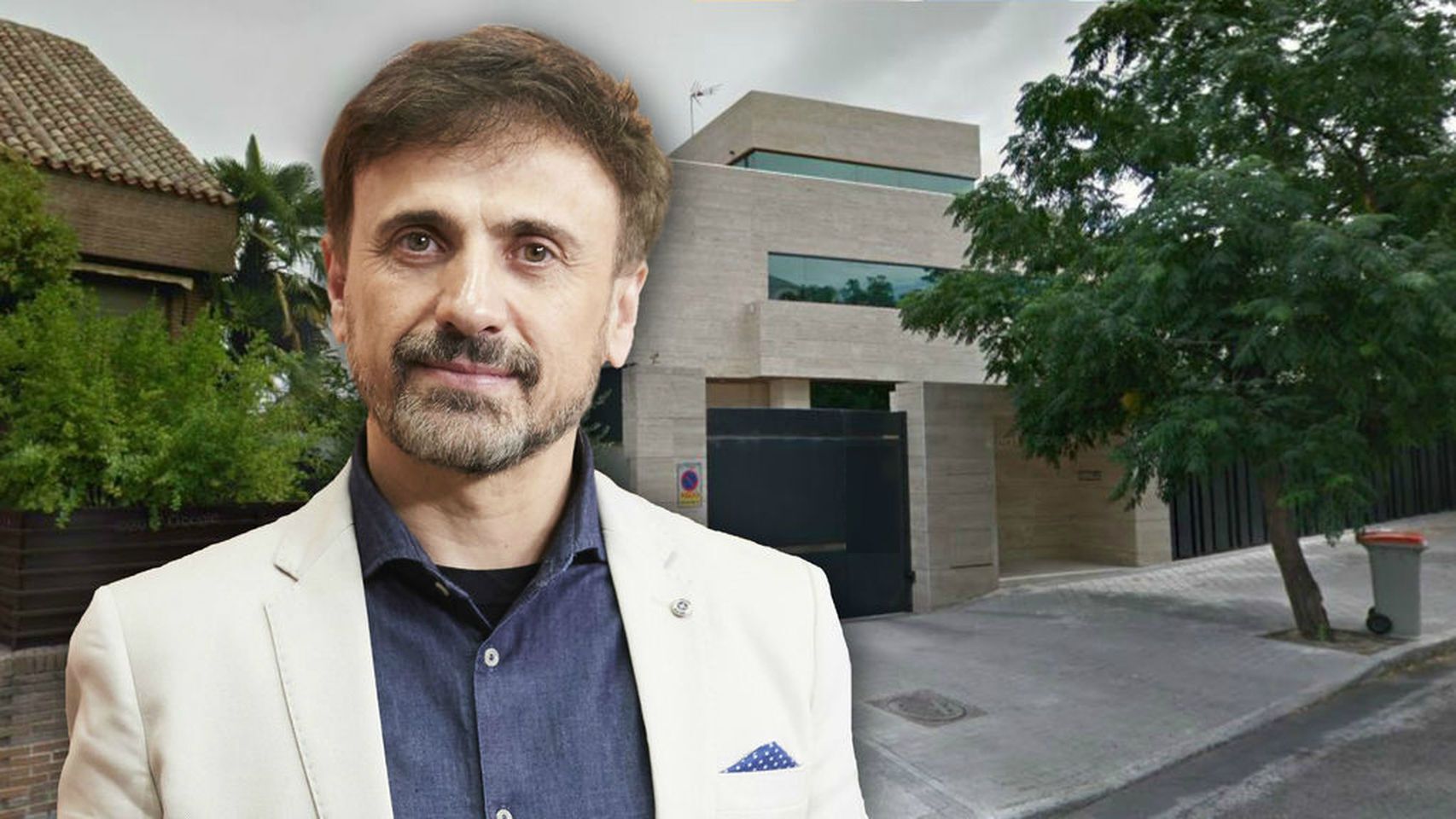 José Mota en un montaje de JALEOS frente a su casa madrileña.