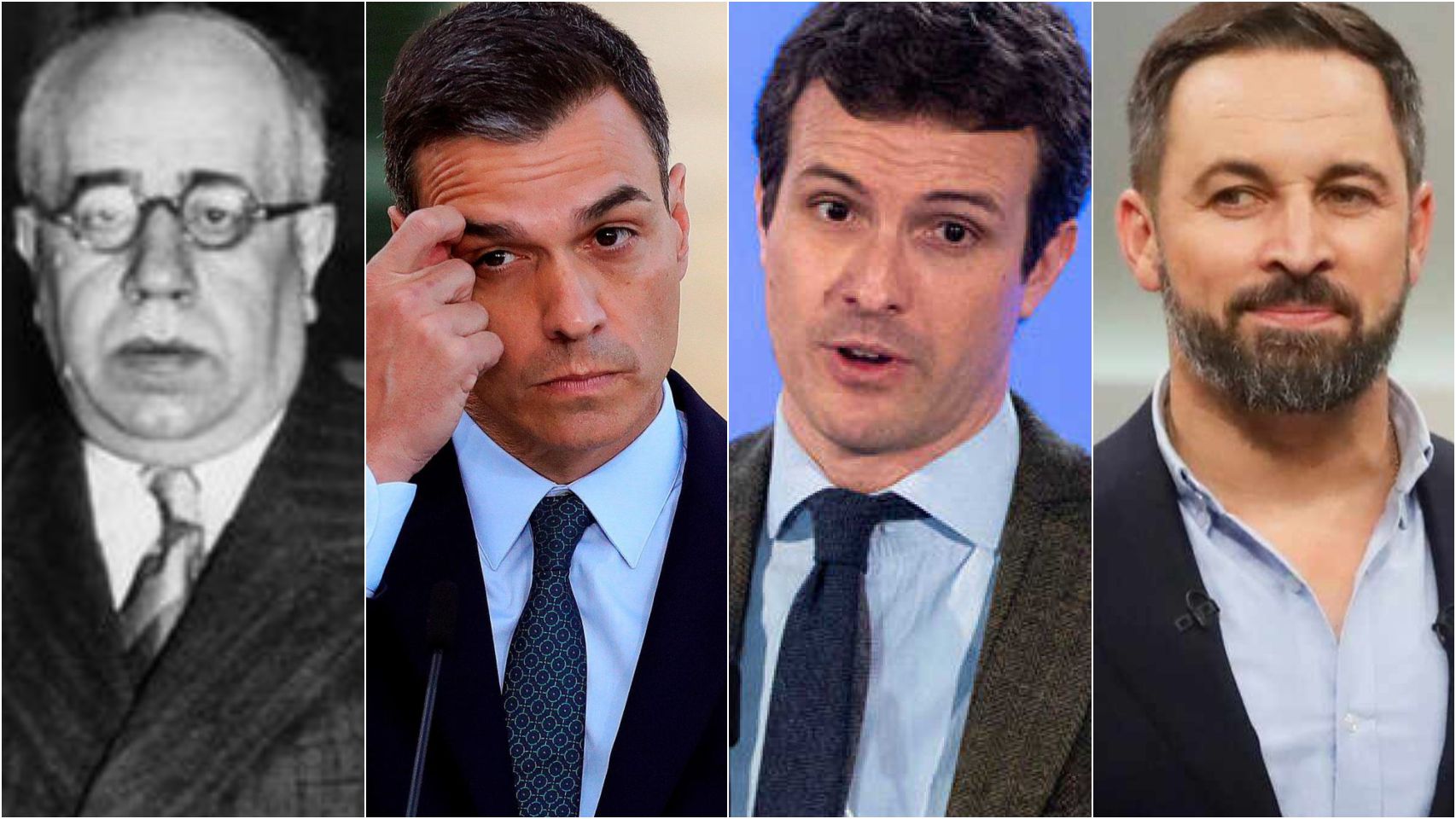 De izquierda a derecha: el presidente de la II República, Manuel Azaña, Pedro Sánchez, Pablo Casado y Santiago Abascal.