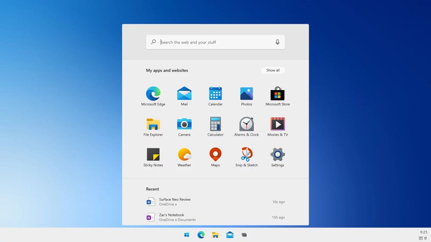 Nuevo menú de inicio de Windows 10X