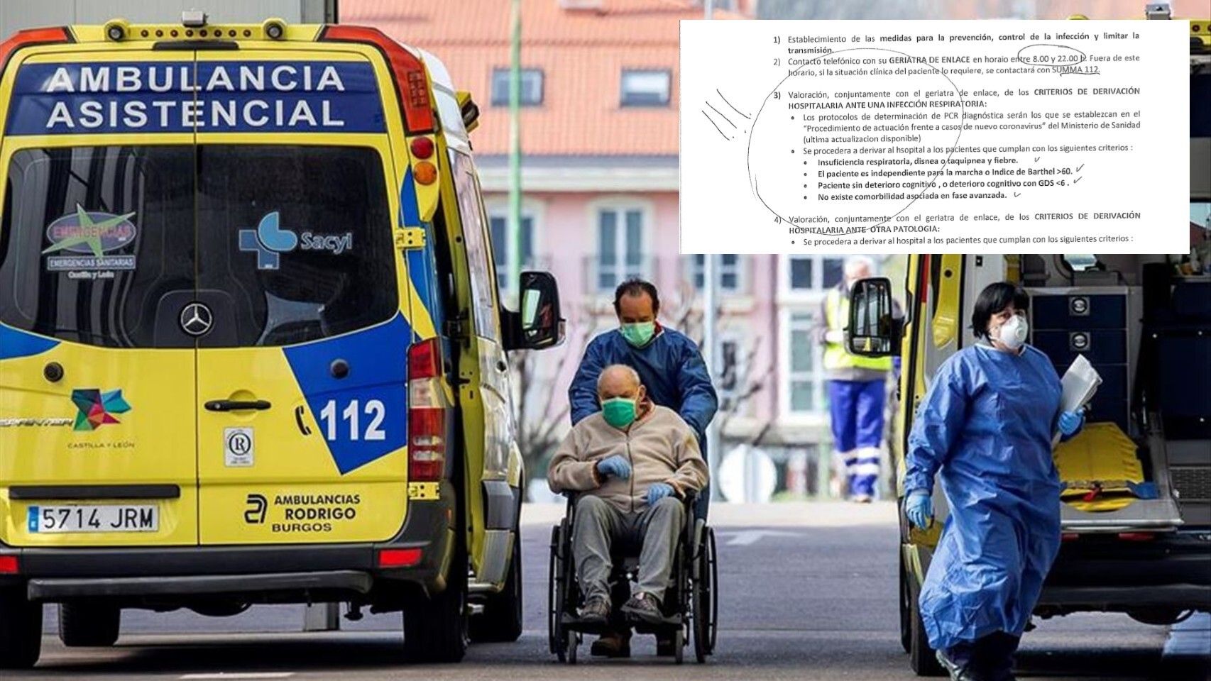 Un anciano evacuado de una residencia y el documento que establece el protocolo.