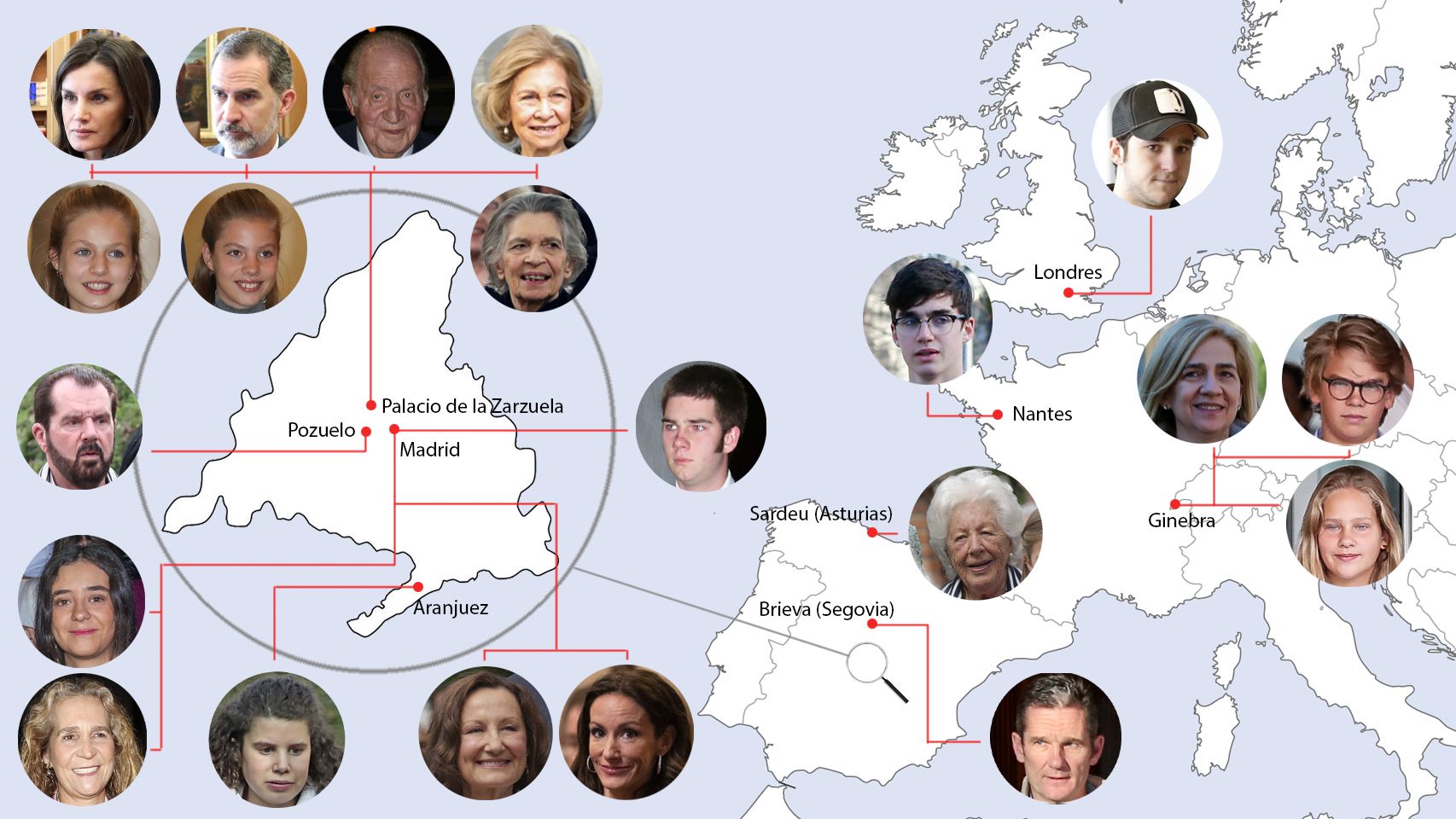 El mapa de los Borbón y Grecia y los Ortiz Rocasolano, confinados en Europa.