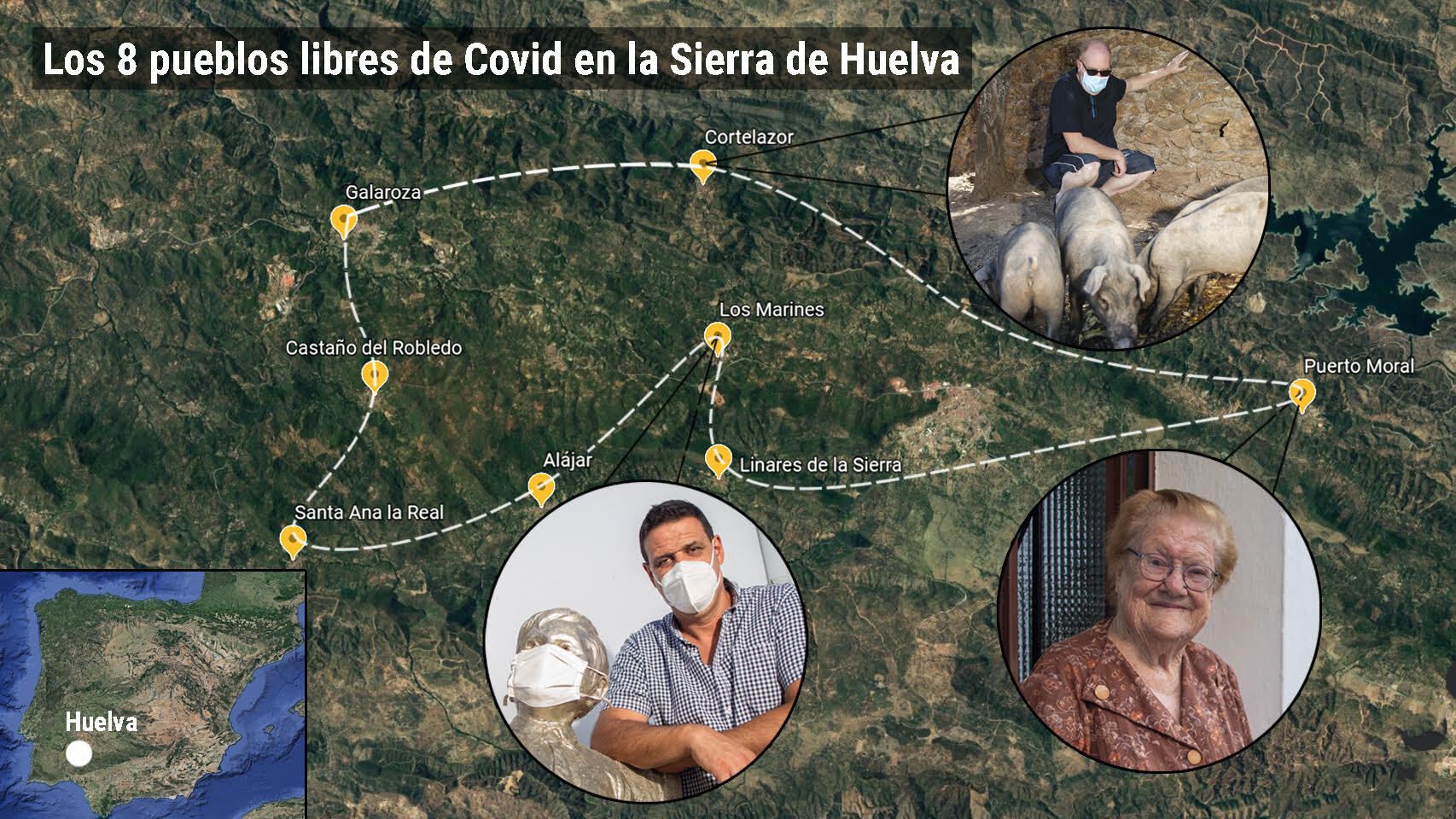 Mapa de los ocho pueblos onubenses sin contagios.
