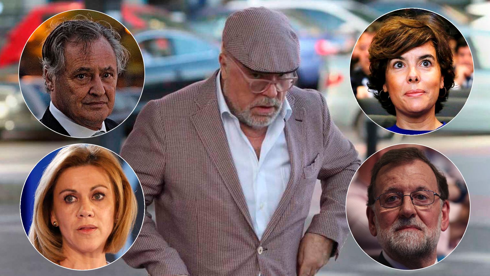 El ex comisario Villarejo. En las burbujas, de arriba a abajo y de izquierda a derecha, López del Hierro, Cospedal, Saénz de Santamaría y Rajoy.