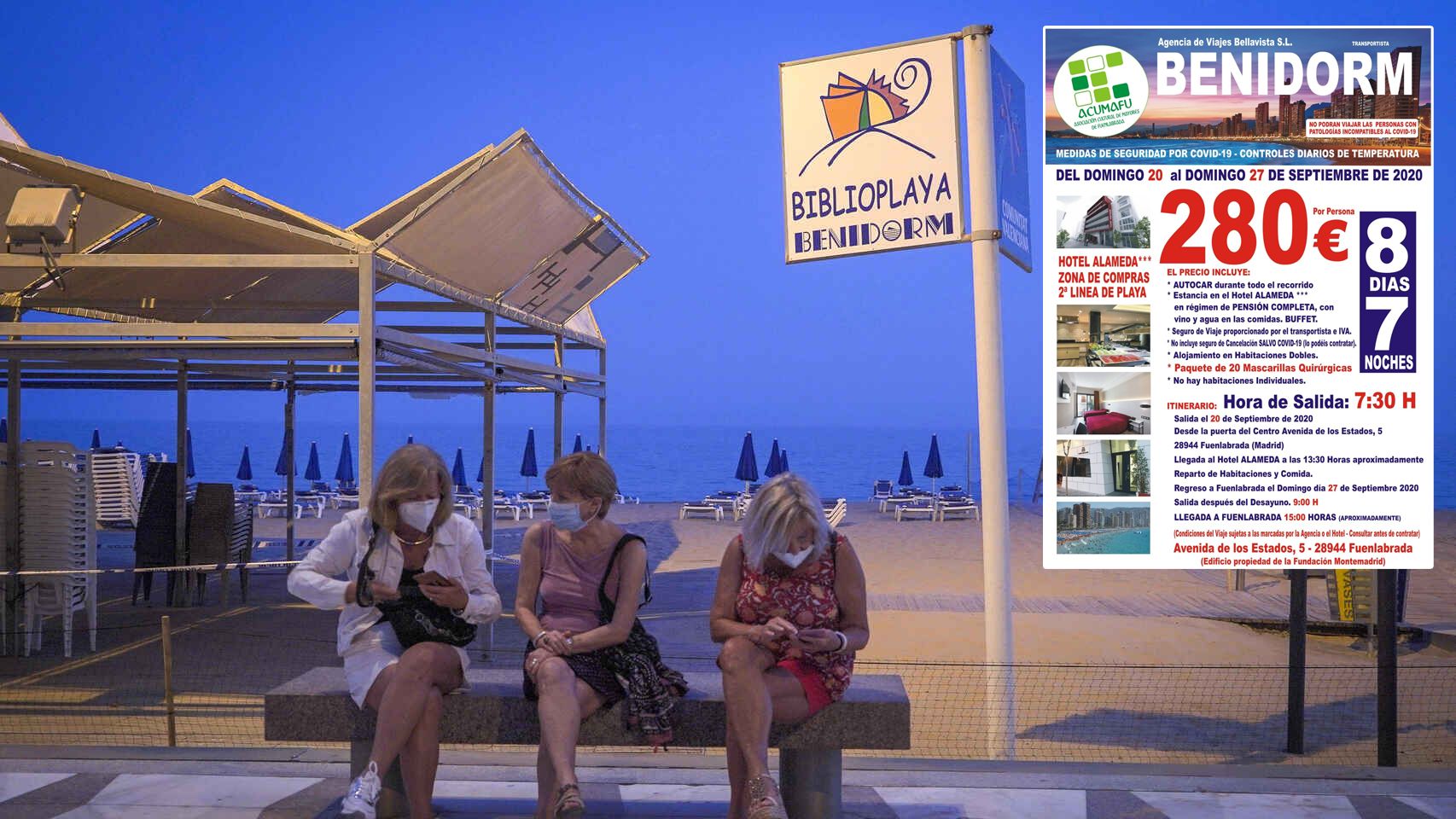 Imagen de las playas de Benidorm y del cartel anunciador de los viajes.