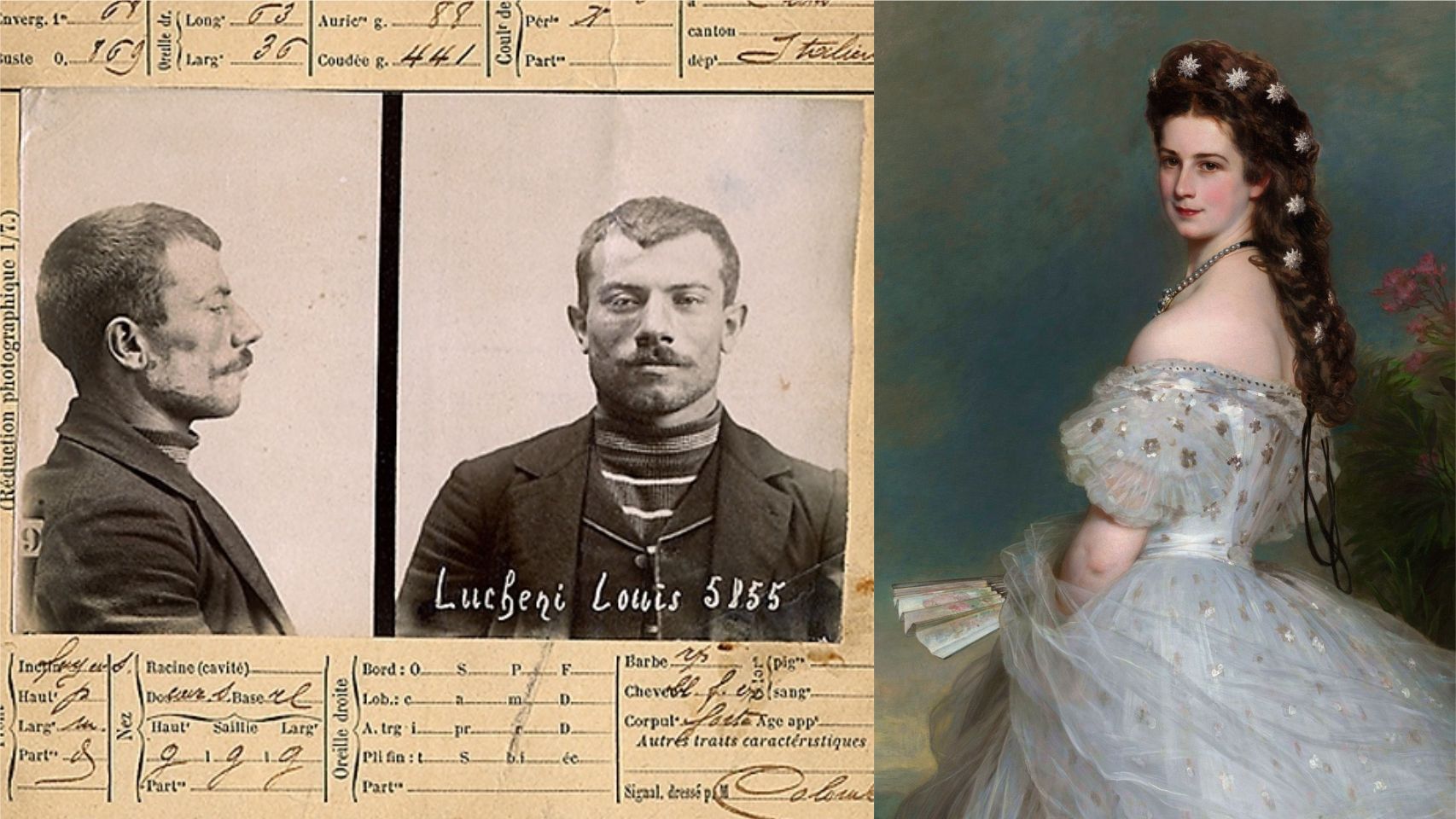 Ficha policial de Luigi Lucheni y retrato de Sissi.