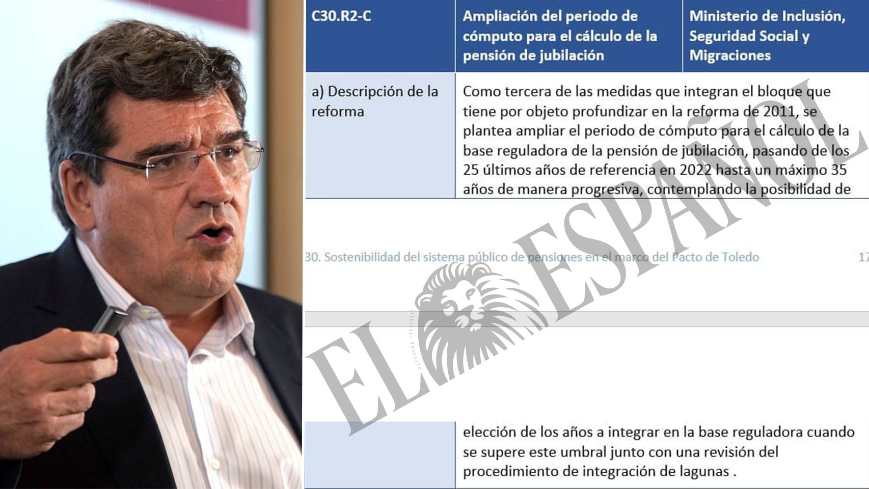 José Luis Escrivá, ministro de Seguridad Social, junto al documento que dice que no ha existido y no va a existir.