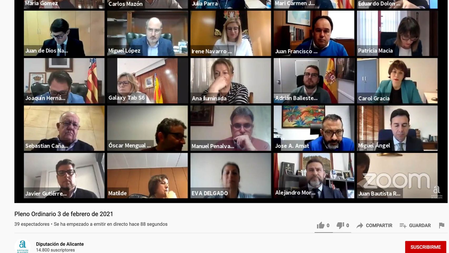 Un pleno telemático en la Diputación de Alicante.