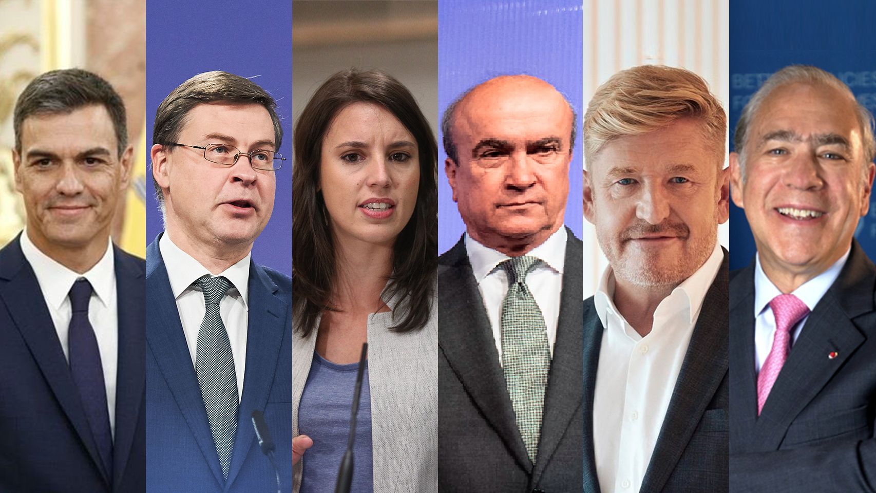 De izda. a dcha. Pedro Sánchez, Valdis Dombrovskis, Irene Montero, Manuel Jabonero,  Wayne Griffiths y Ángel Gurría.