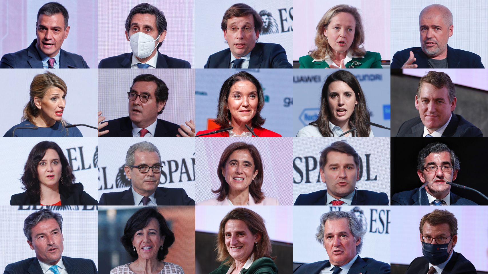 Pedro Sánchez, José María Álvarez-Pallete, José Luis Martínez Almeida, Nadia Calviño, Unai Sordo, Yolanda Díaz, Antonio Garamendi, Reyes Maroto, Irene Montero, Colman Deegan, Isabel Díaz Ayuso, Pablo Isla, Pilar López, Manuel de la Rocha, Juan Abarca, Federico Linares, Ana Botín, Teresa Ribera, José Manuel Entrecanales y Alberto Núñez Feijoo.