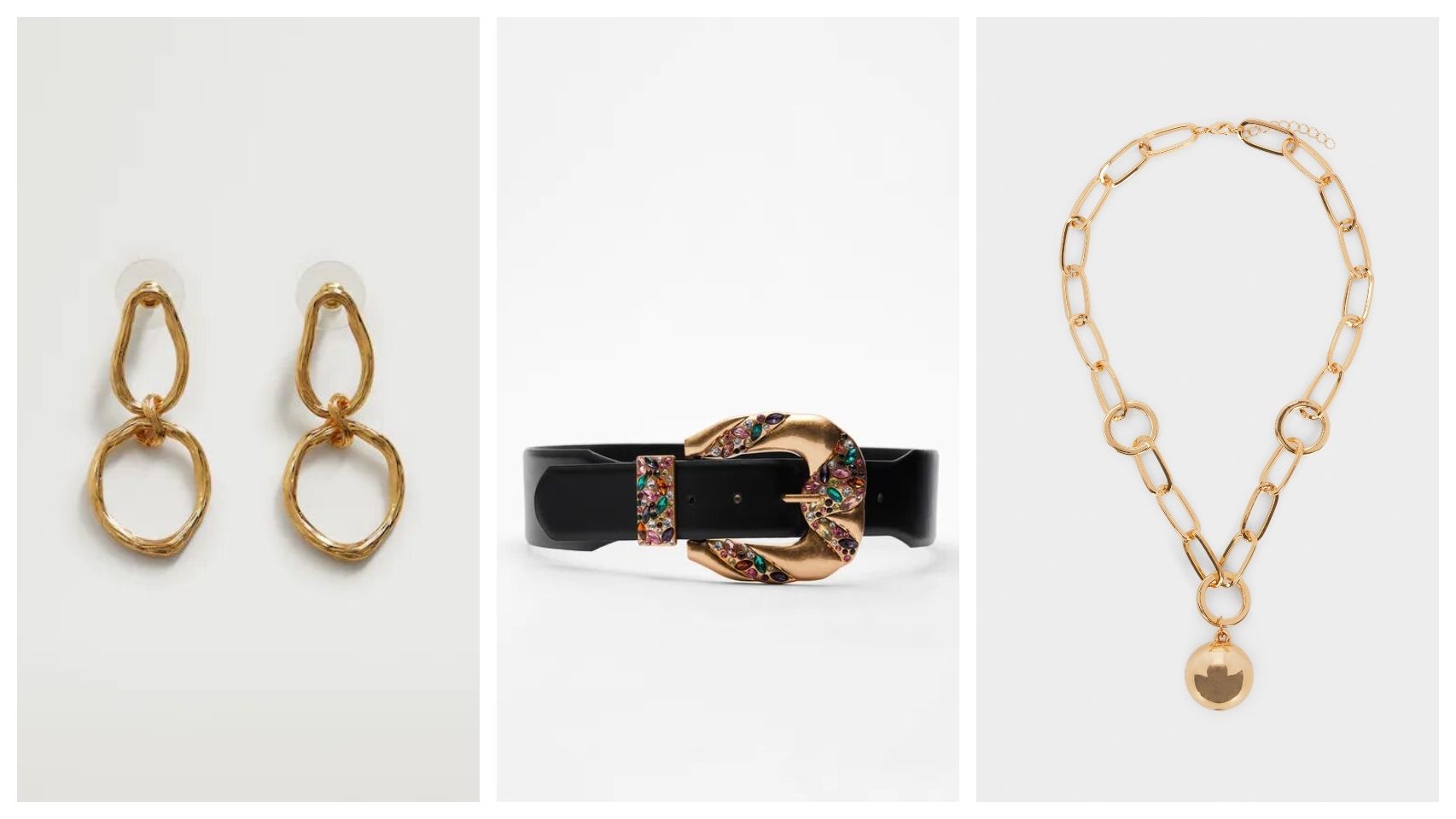 Tres accesorios en dorado, firmados, de izquierda a derecha por Zara, Mango y Parfois.