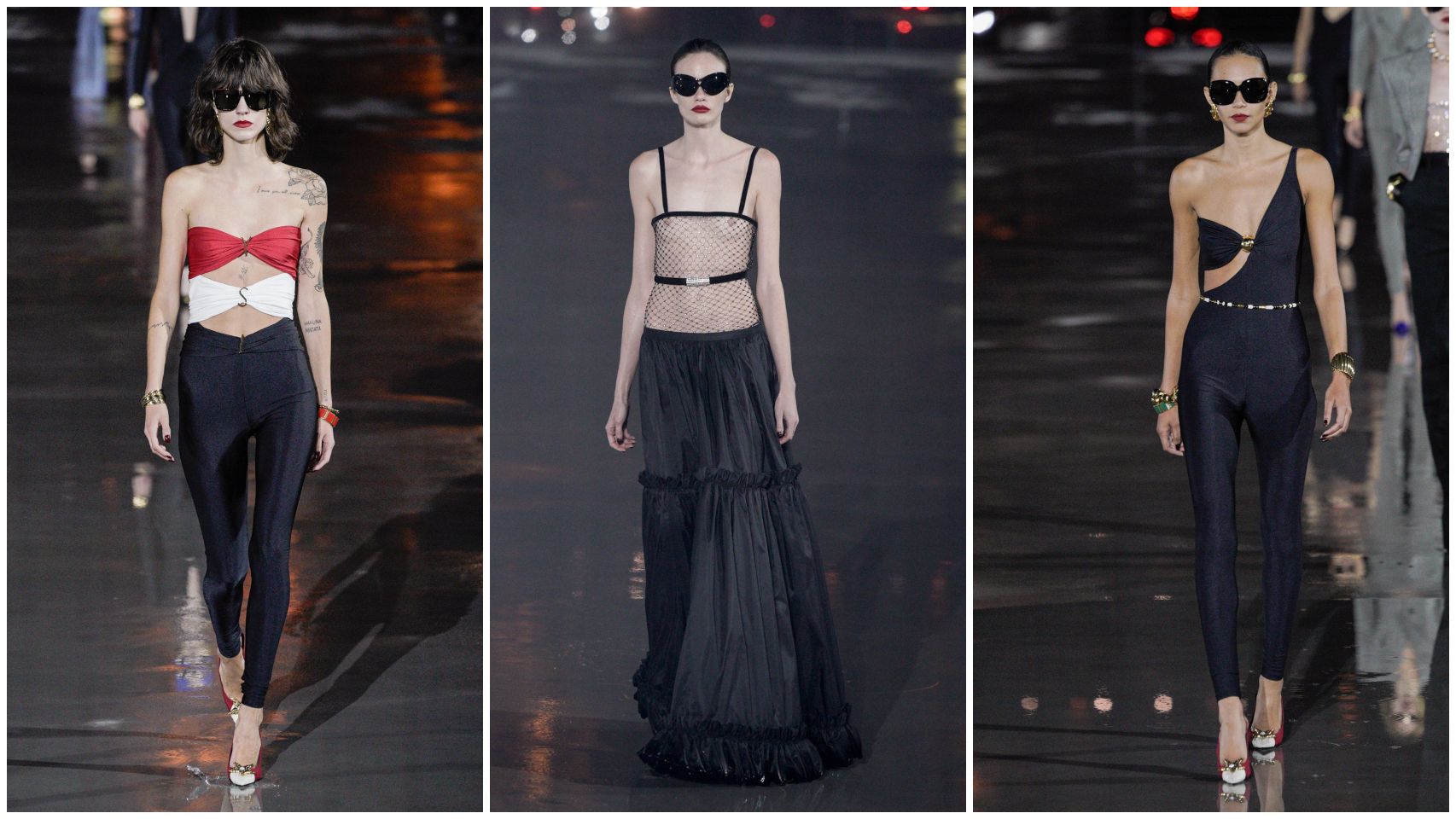 Algunos de los diseños mostrados en el desfile de Saint Laurent en París.