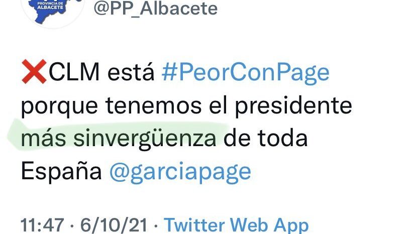 El PP de Albacete pide perdón por llamar sinvergüenza a Page en Twitter